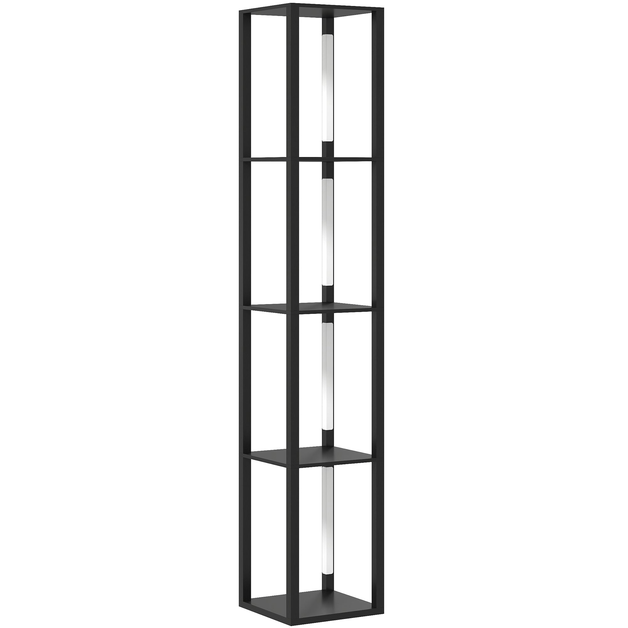 Black homcom floor lamp with four-tier metal shelves and vertical translucent panels featuring three brightness levels