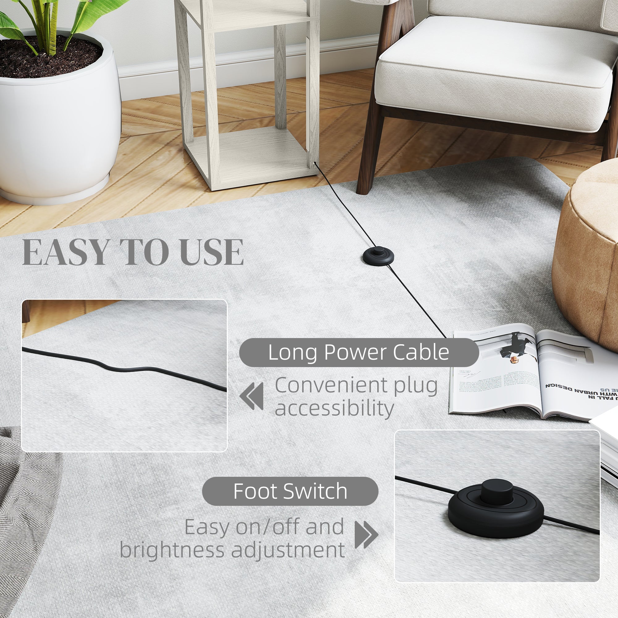 Black foot switch with circular base and knob for easy brightness levels control on homcom floor lamp oak