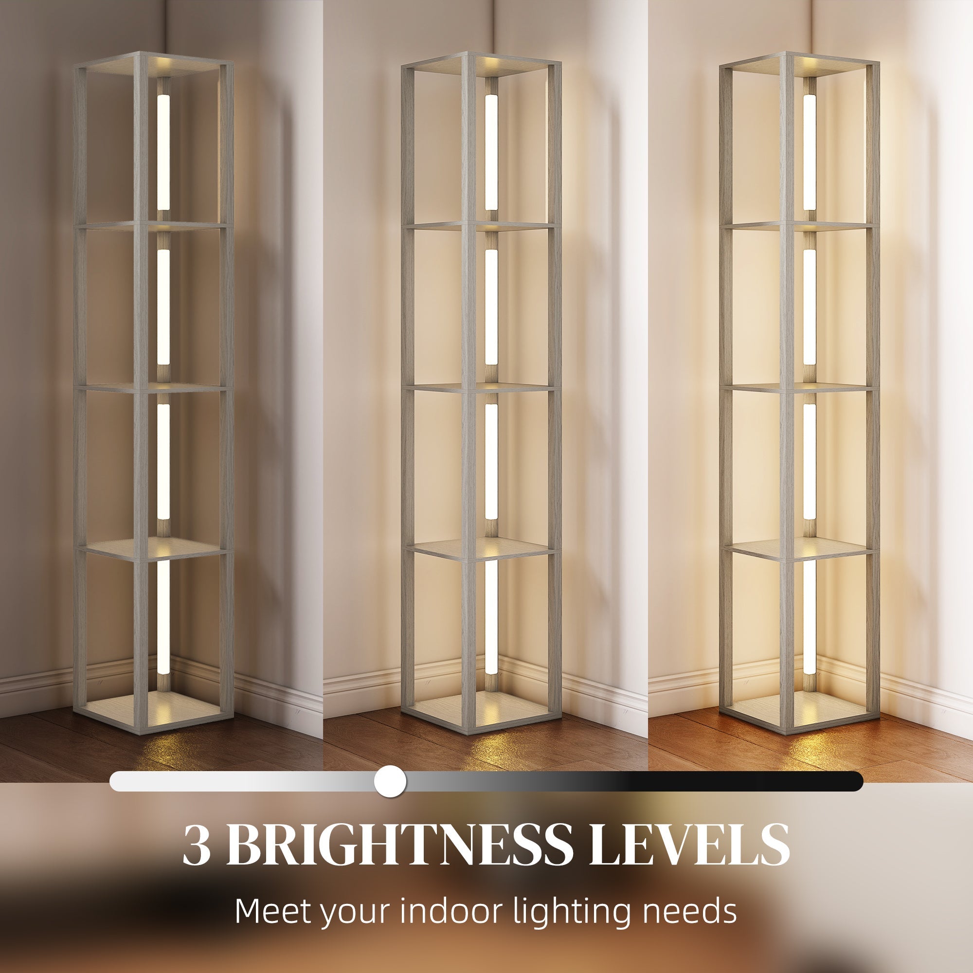 Modern silver homcom floor lamp with vertical led light strips, oak shelves, and adjustable brightness levels