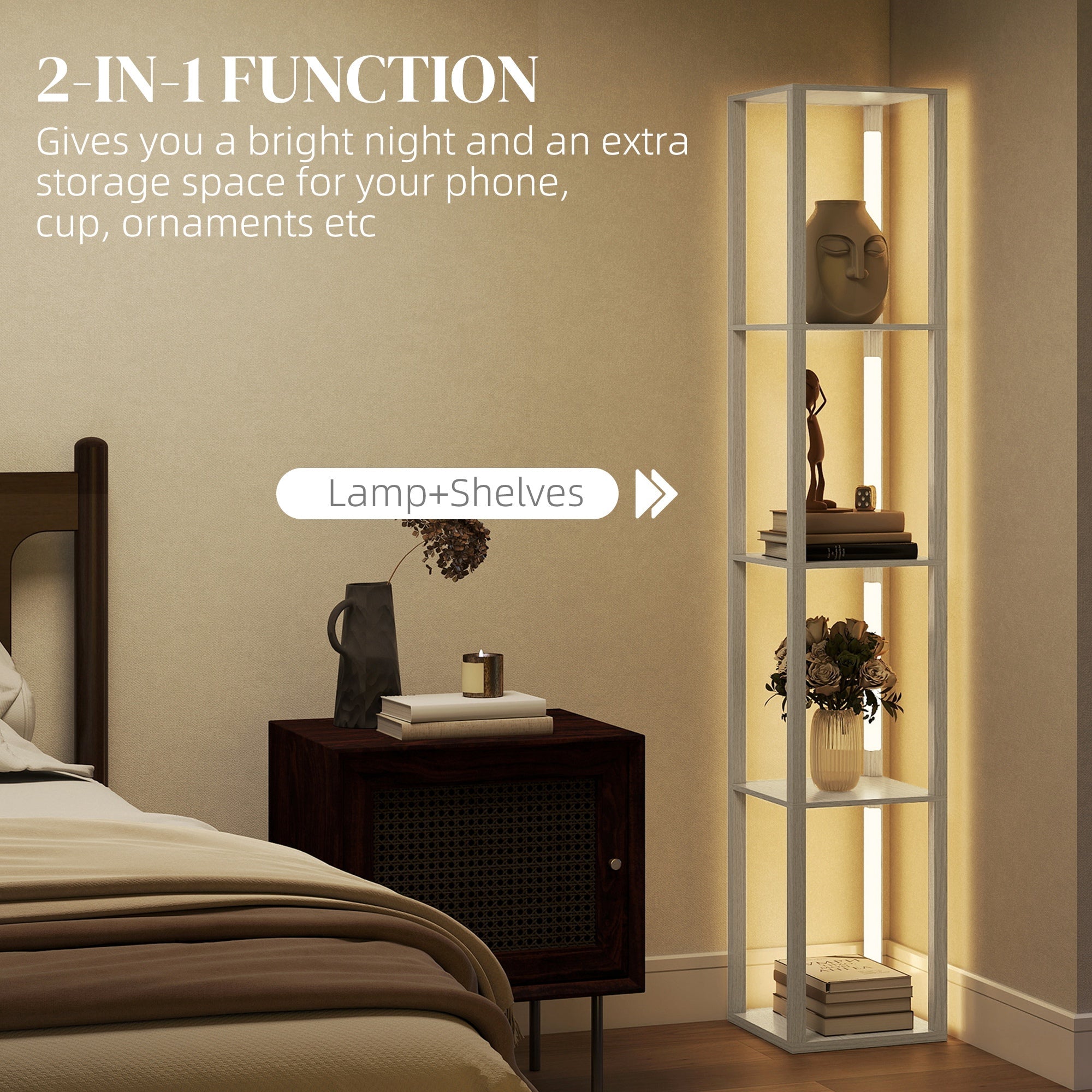 White minimalist homcom floor lamp with shelves metal frame and warm led lighting with 3 brightness levels