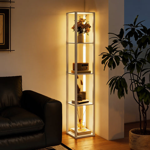 White illuminated homcom floor lamp with shelves glass panels metal frame and 3 brightness levels displaying decor