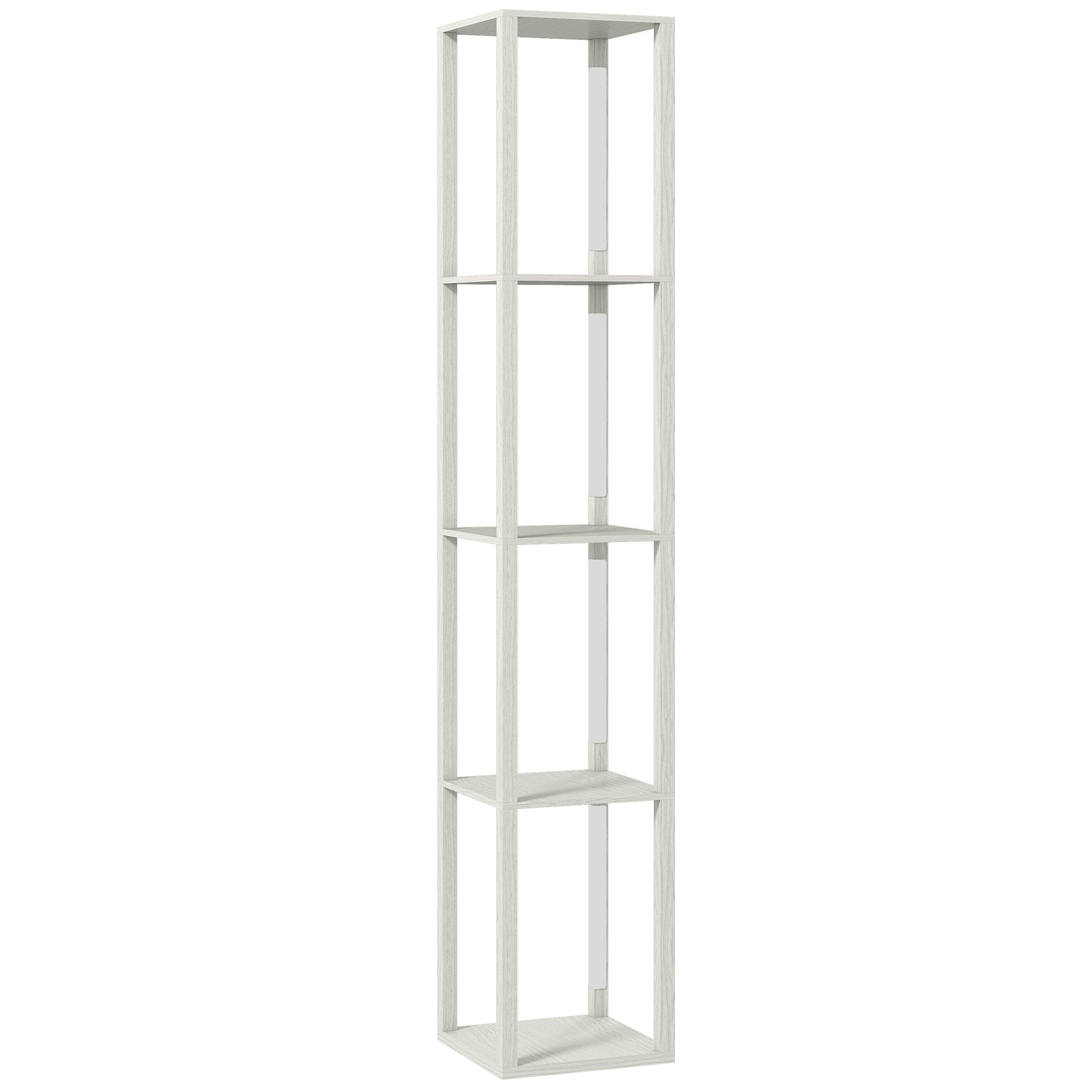 White wooden floor shelf with four open shelves pairs with homcom floor lamp featuring three brightness levels oak finish