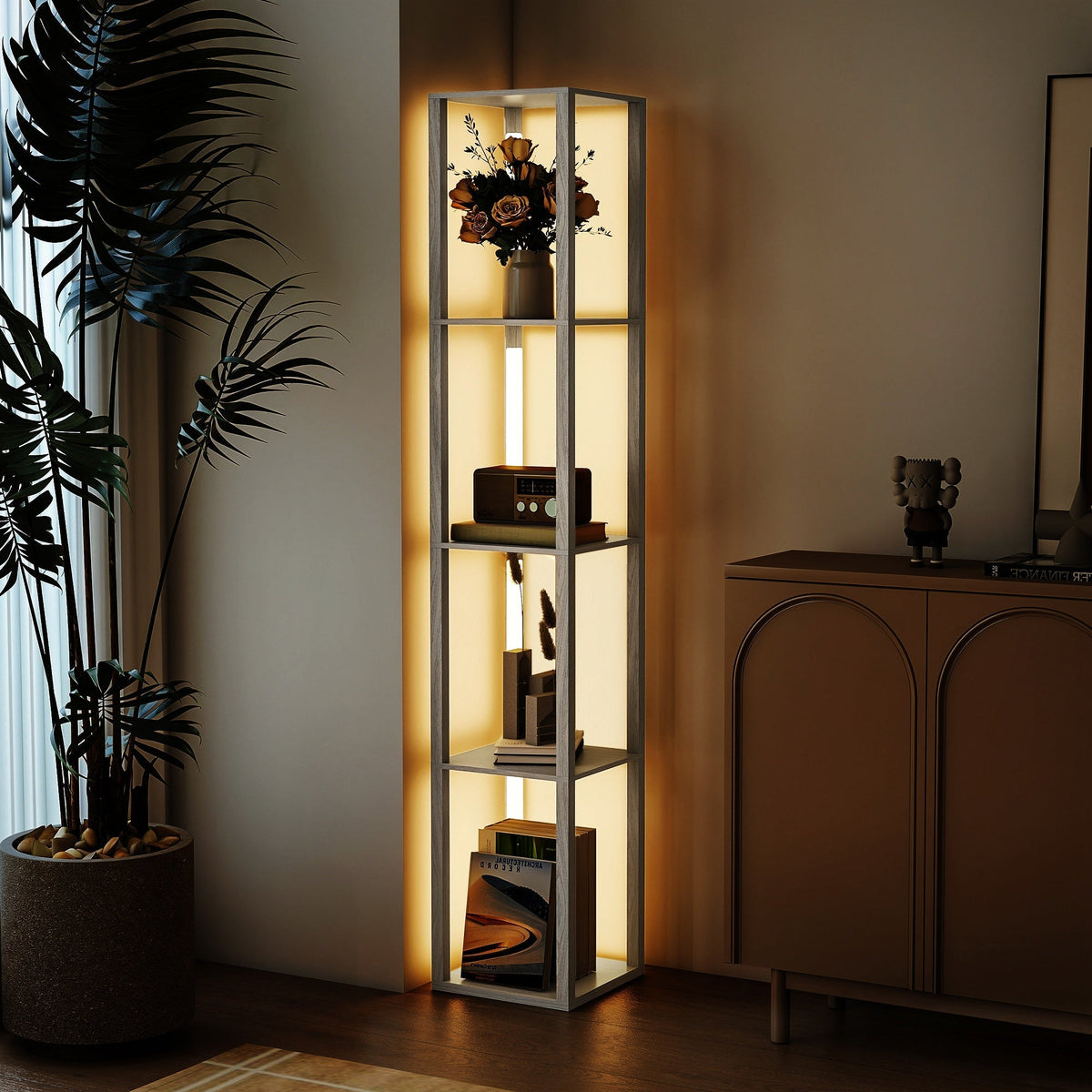 Homcom floor lamp with shelves oak finish features a modern minimalist metallic frame and warm led lighting with brightness levels