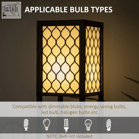 Black homcom floor lamp with two shelves and chain switch featuring a warm geometric lattice light design 26l x 26w