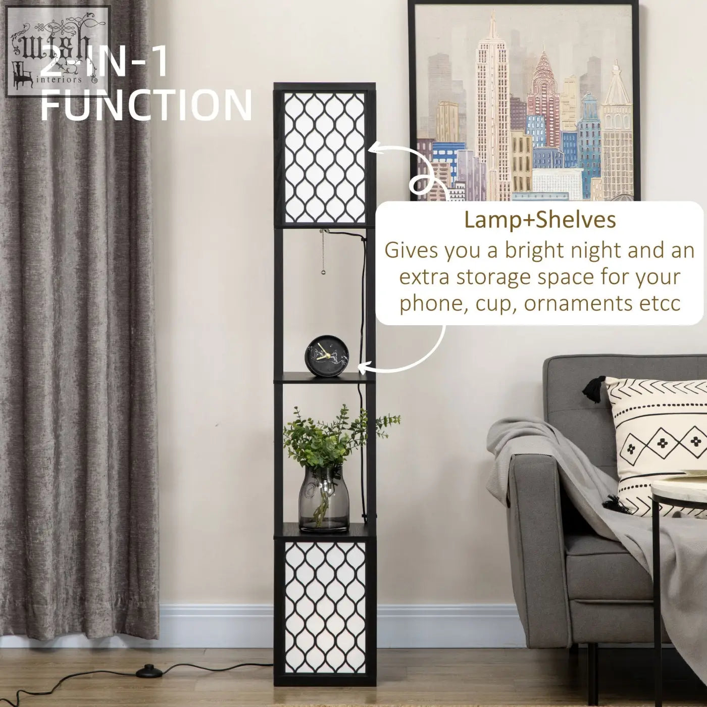 Black metal floor lamp with geometric lattice design two shelves and chain switch measuring 26l x 26w perfect for living room