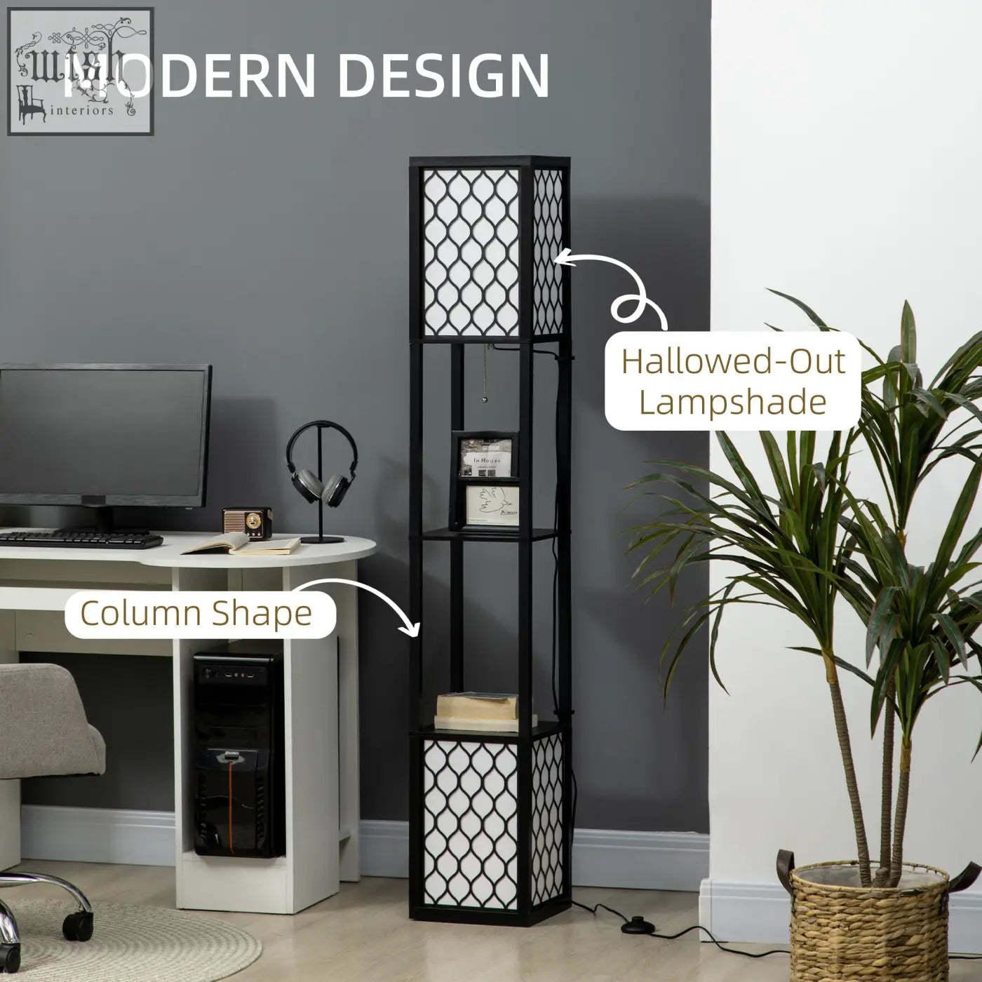 Black homcom floor lamp with column frame lattice lampshade two shelves chain switch 26l x 26w for living room