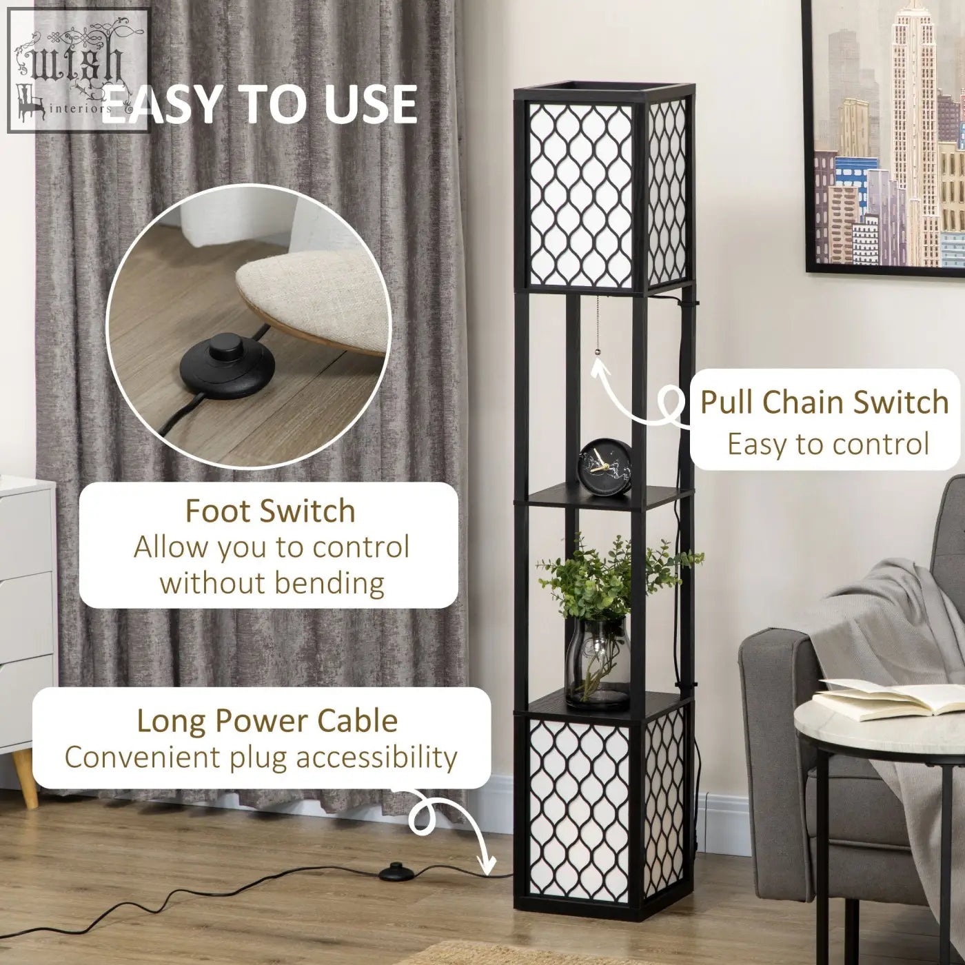 Black metal floor lamp with geometric lattice panels, two shelves, chain switch, 26l x 26w modern tall standing lamp