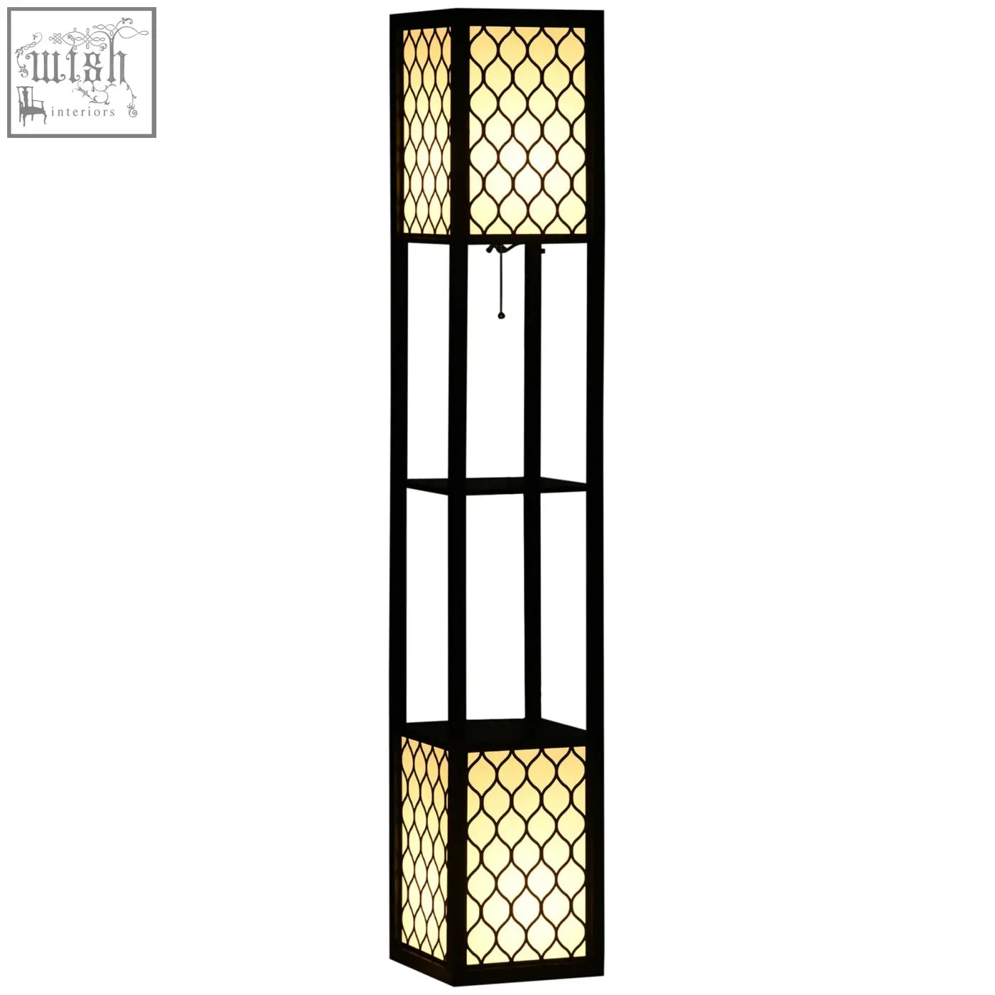 Black homcom floor lamp with amber diamond lattice glass panels, two shelves, chain switch, 26l x 26w for living room