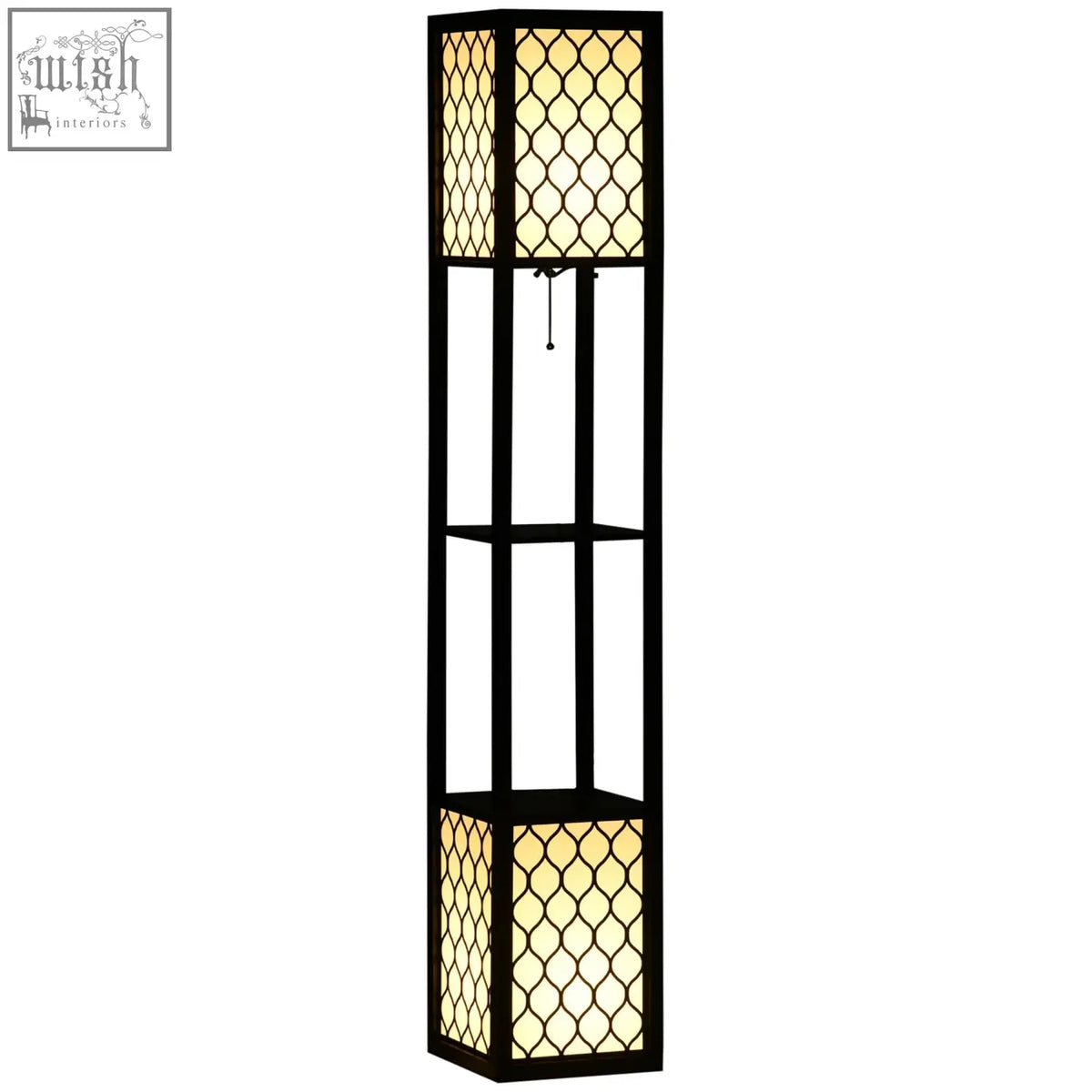Black homcom floor lamp with amber diamond lattice glass panels, two shelves, chain switch, 26l x 26w for living room