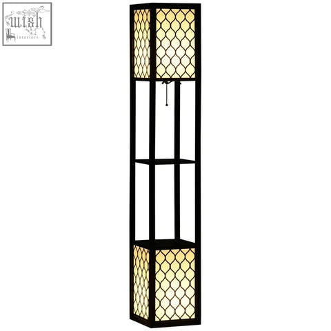Black homcom floor lamp with amber diamond lattice glass panels, two shelves, chain switch, 26l x 26w for living room