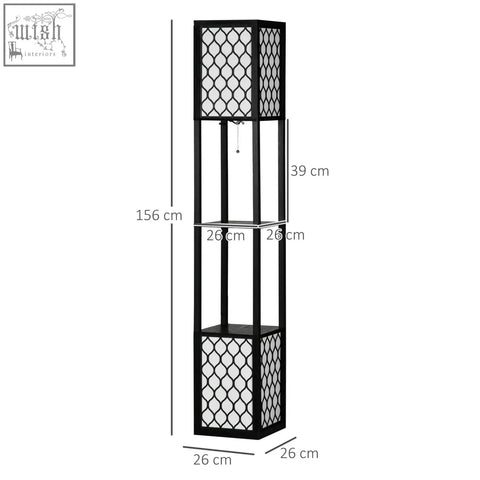 Black metal floor lamp with geometric lattice panels, two shelves, pull chain switch, 26l x 26w for living room use