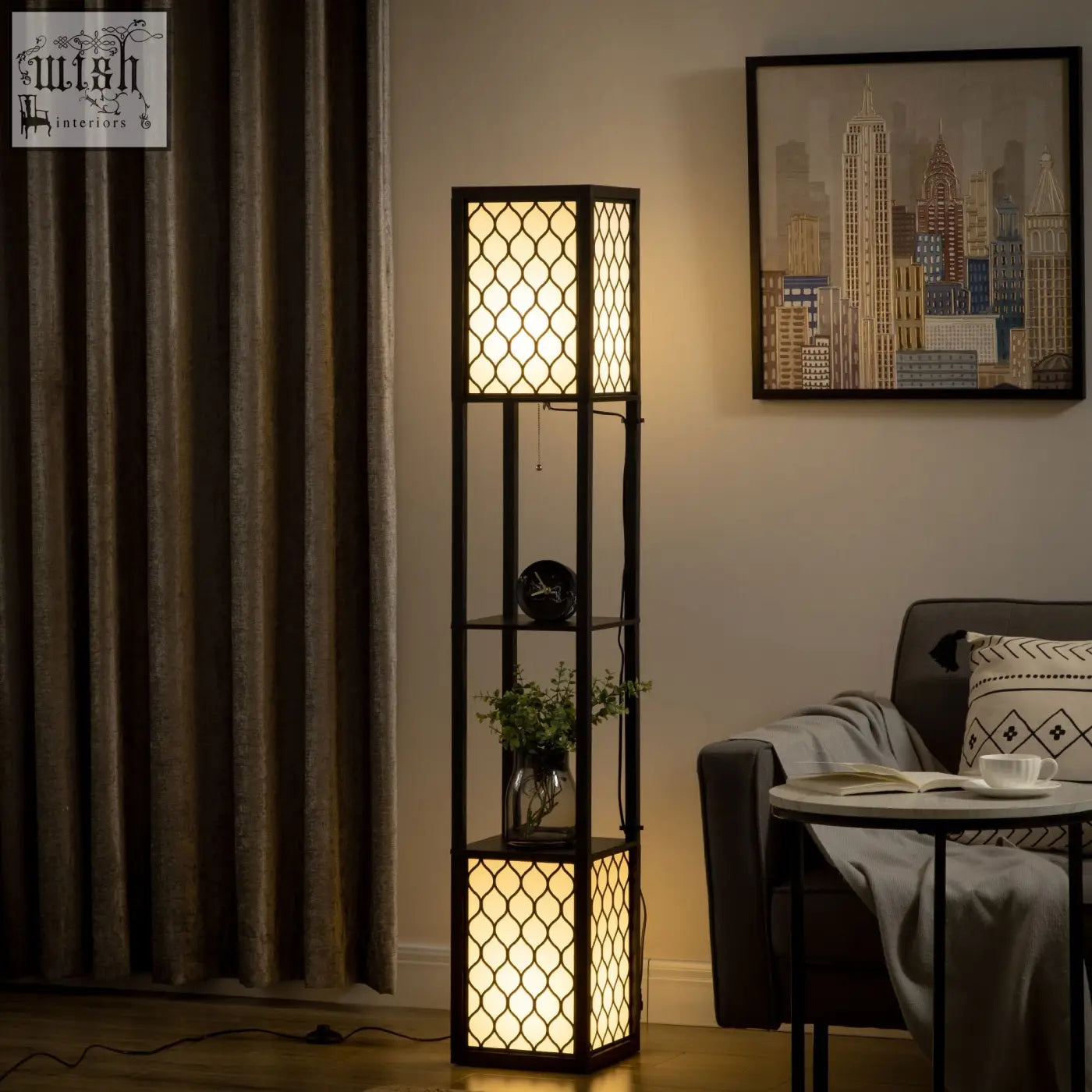 Black metal floor lamp with geometric lattice design two shelves chain switch 26l x 26w warm glowing panels