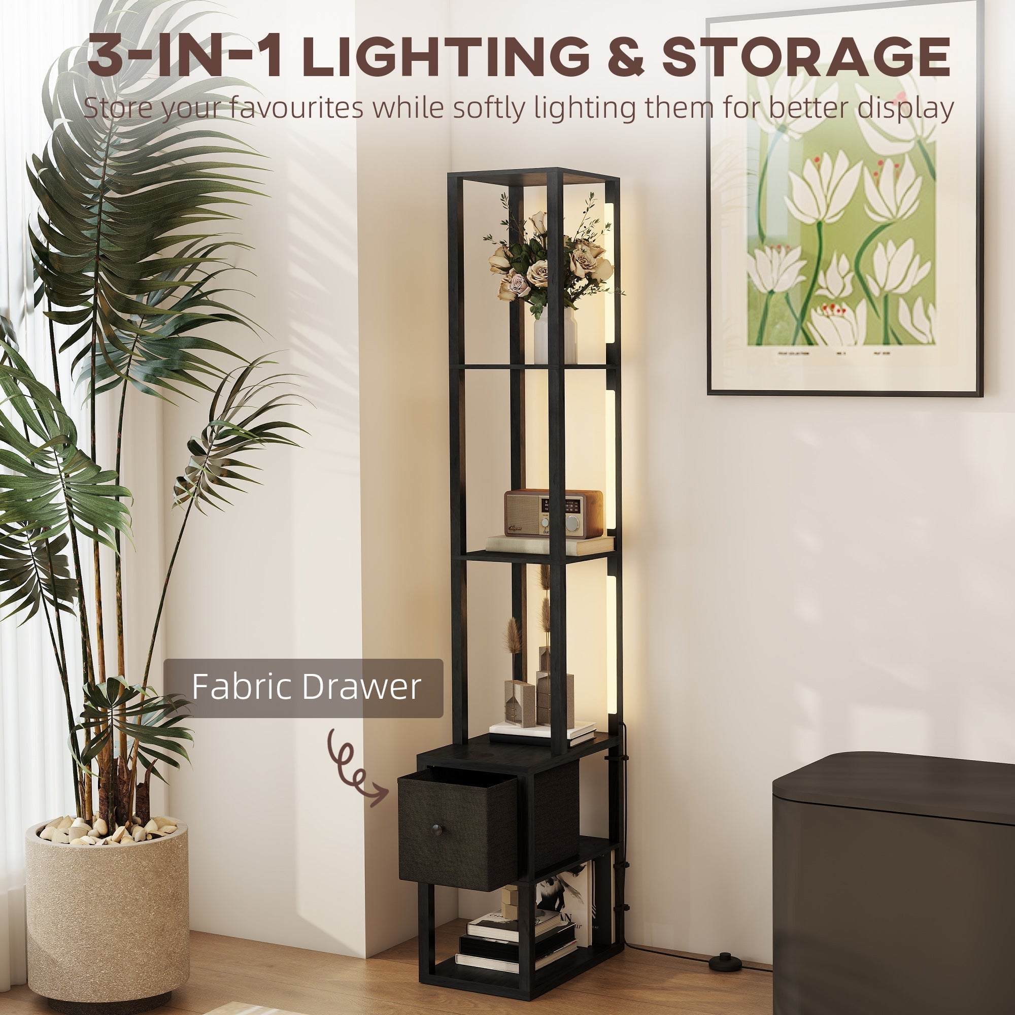 Black metal floor lamp with foot switch, fabric drawer, and illuminated shelves for living room or office storage