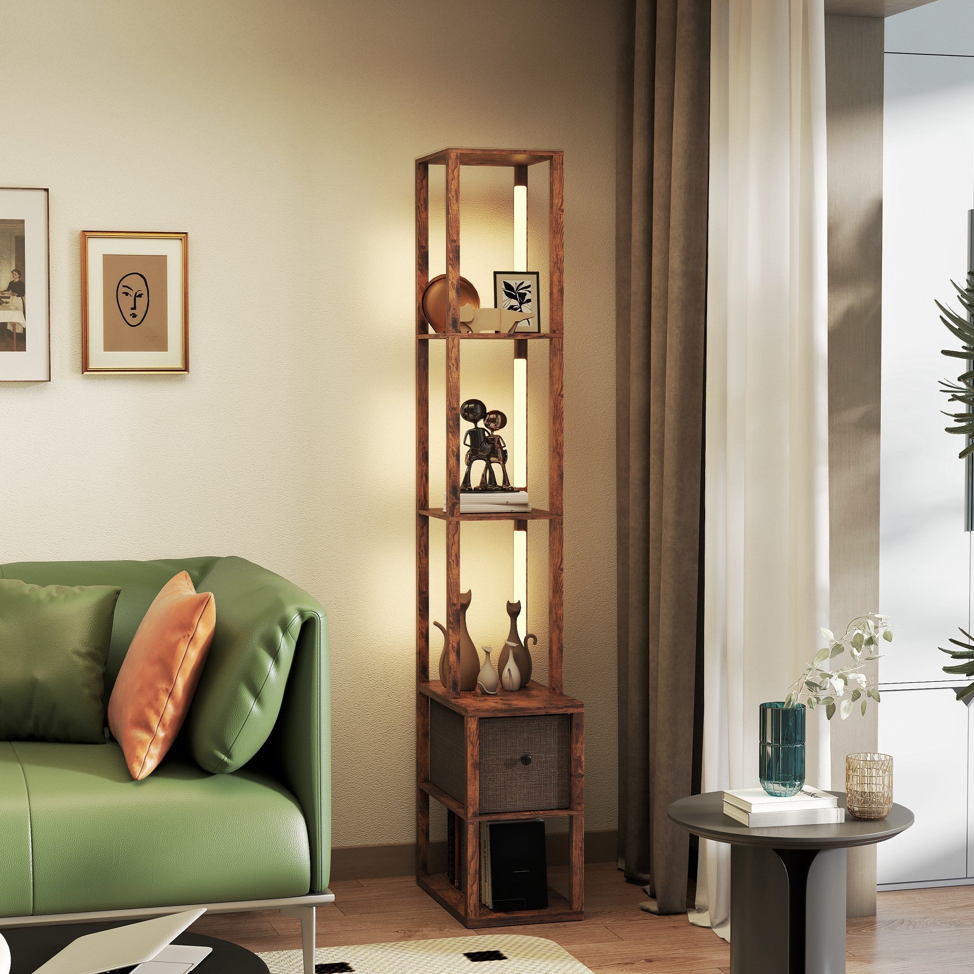 Tall rustic brown homcom floor lamp with fabric drawer, foot switch, open shelving, and adjustable led lighting