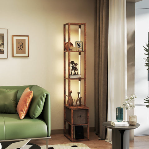 Tall rustic brown homcom floor lamp with fabric drawer, foot switch, open shelving, and adjustable led lighting