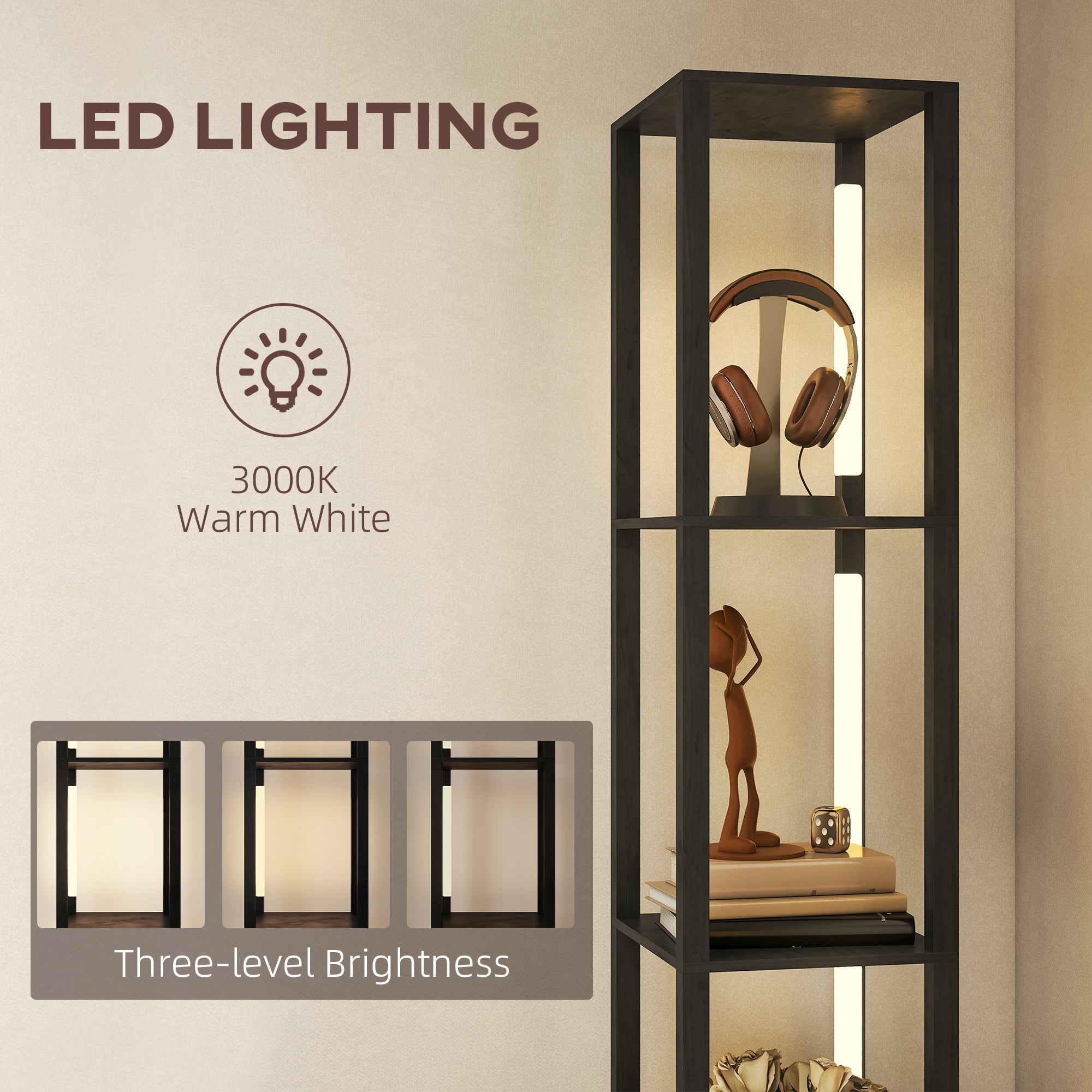 Black metal floor lamp with shelves and fabric drawer featuring led lighting and foot switch for living room use