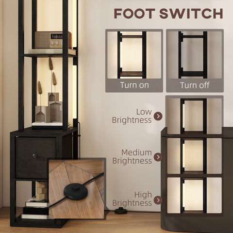 Black foot switch with matte top on wooden panel of homcom floor lamp with fabric drawer for easy brightness control