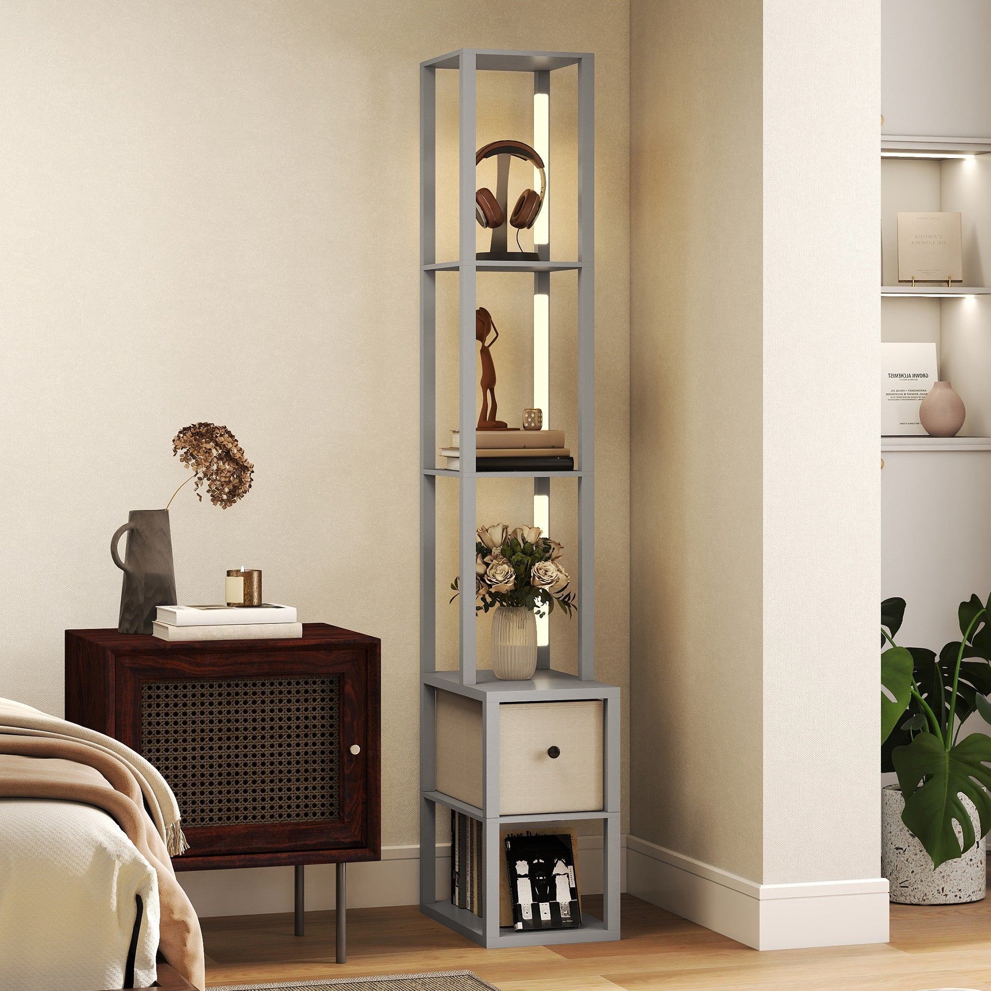 Gray metal floor lamp with shelves featuring a fabric drawer, illuminated shelves, and foot switch for easy use