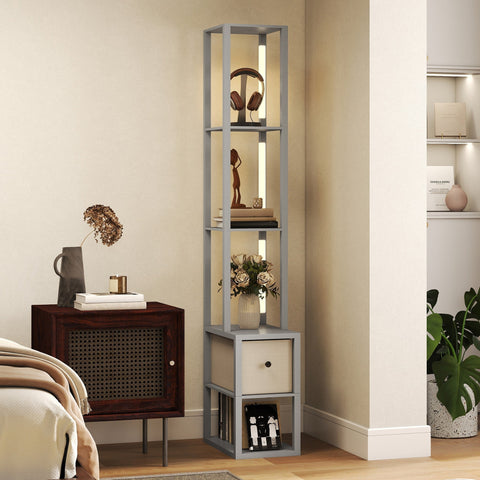 Gray metal floor lamp with shelves featuring a fabric drawer, illuminated shelves, and foot switch for easy use
