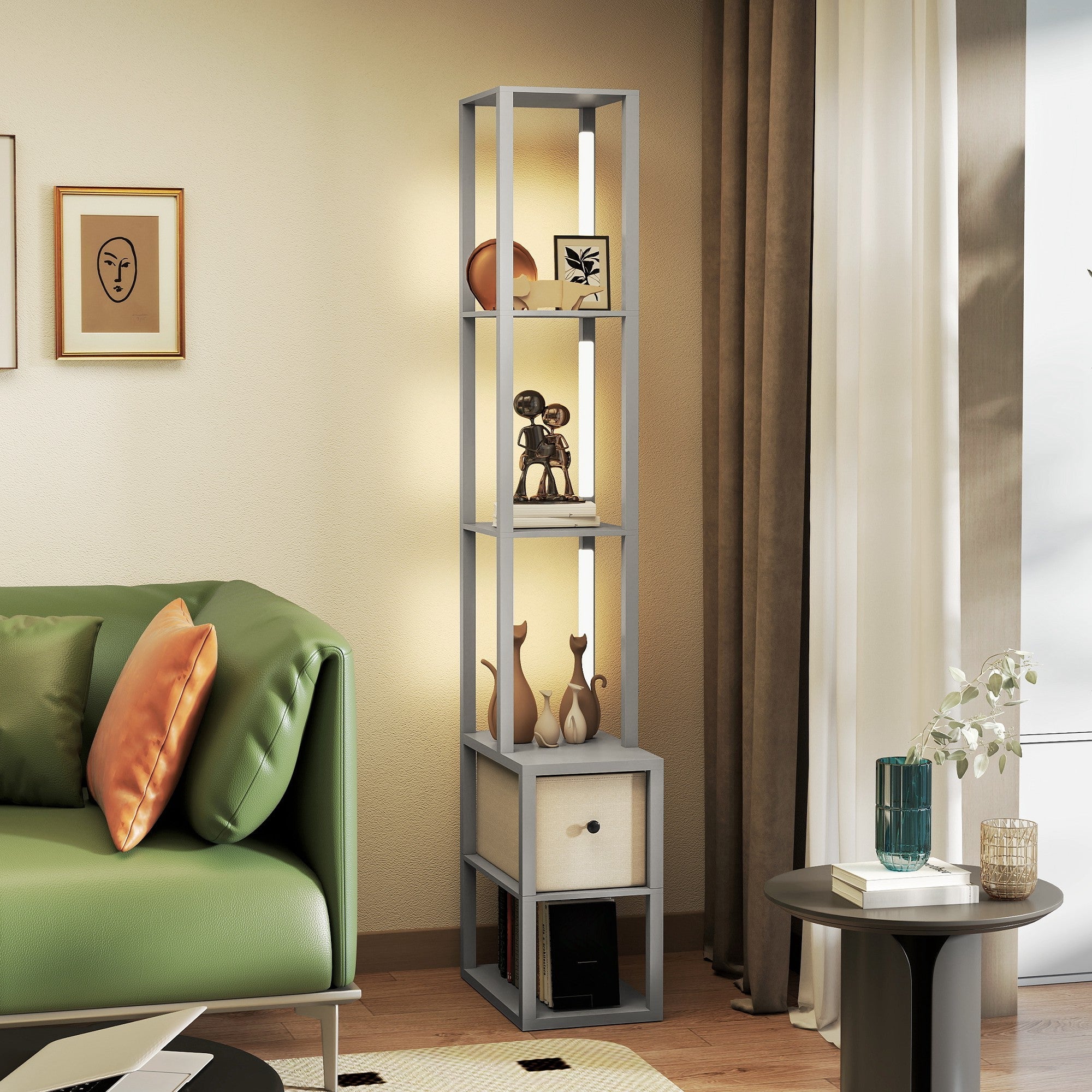 Modern gray metal floor lamp with illuminated shelves fabric drawer and foot switch for living room and office use