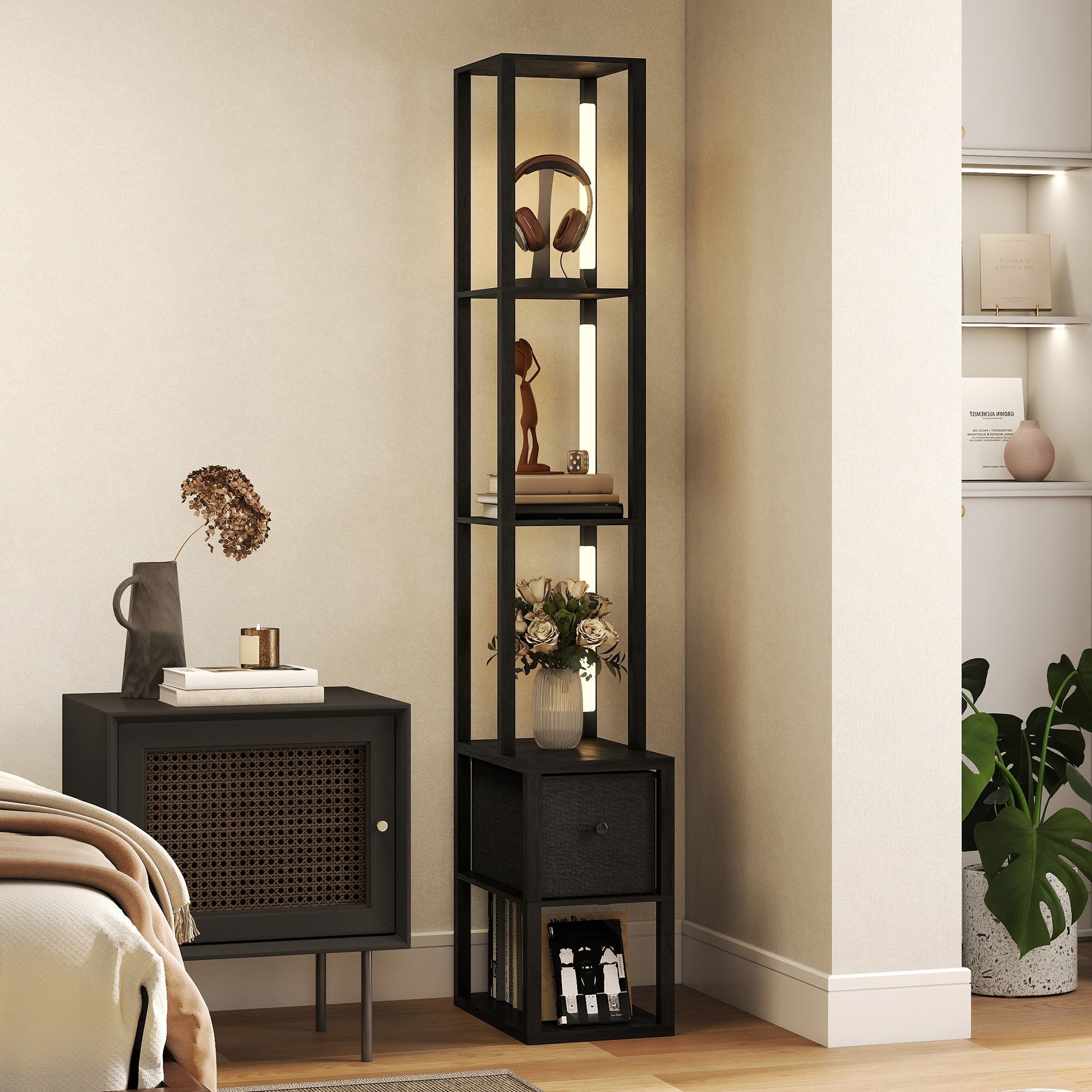 Black metal floor lamp with illuminated shelves fabric drawer and foot switch for living room bedroom or office use