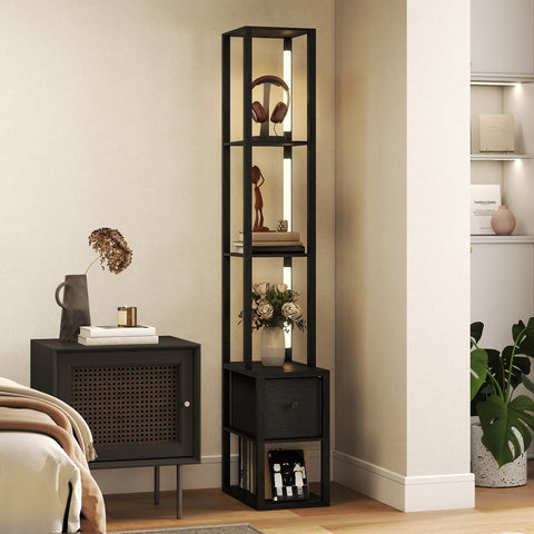 Black metal floor lamp with illuminated shelves fabric drawer and foot switch for living room bedroom or office use
