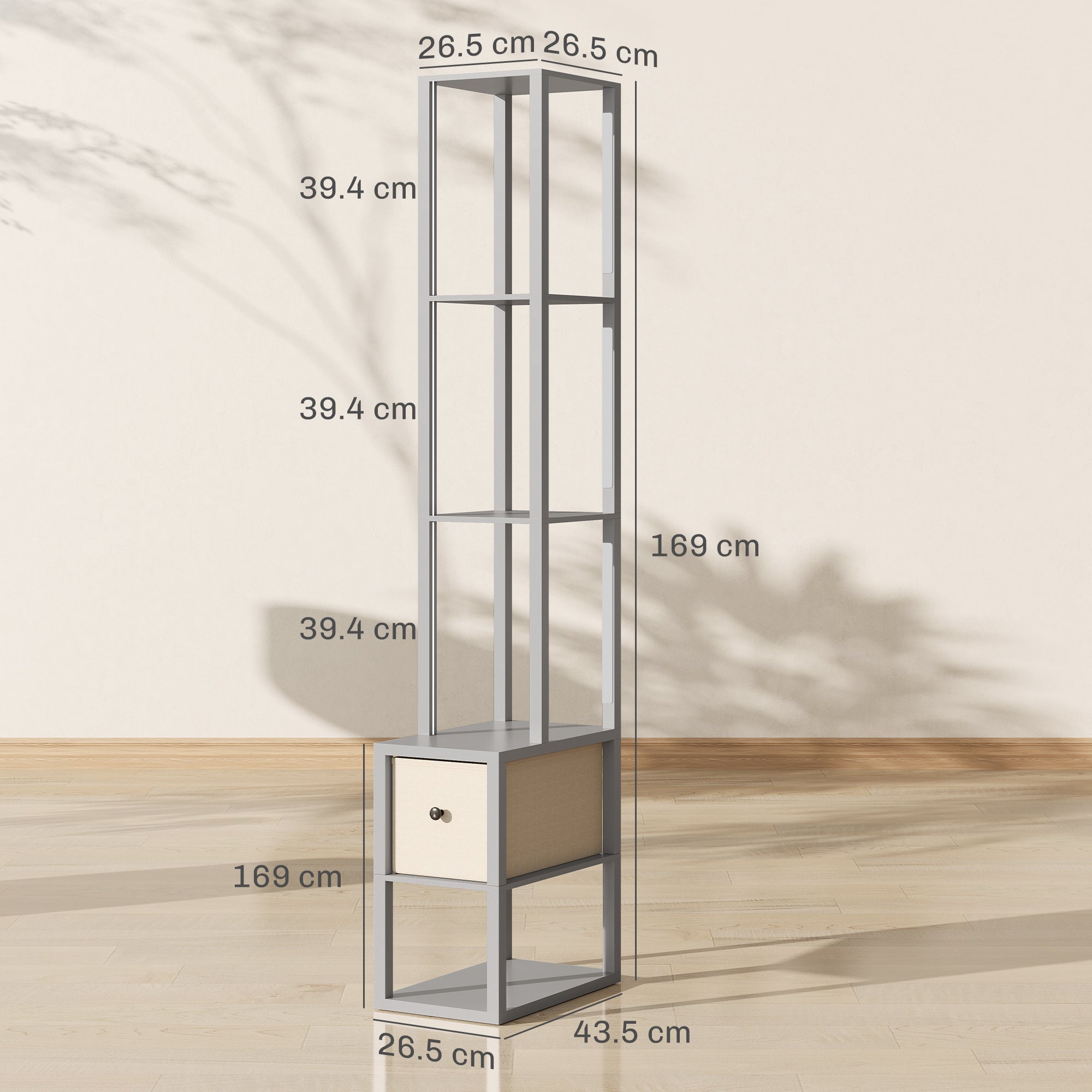 Silver metal floor lamp with shelves and fabric drawer base featuring foot switch for adjustable brightness