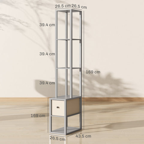 Silver metal floor lamp with shelves and fabric drawer base featuring foot switch for adjustable brightness