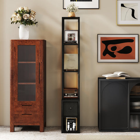 Dark wood floor lamp with glass doors, fabric drawer, adjustable brightness, and foot switch for living room use