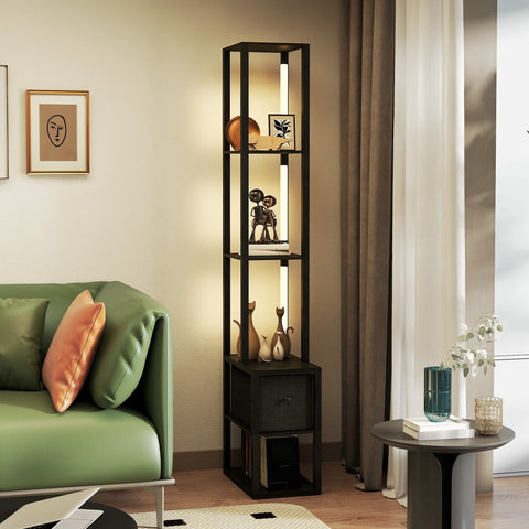 Black metal floor lamp with illuminated shelves, fabric drawer, and foot switch perfect for living room or office use