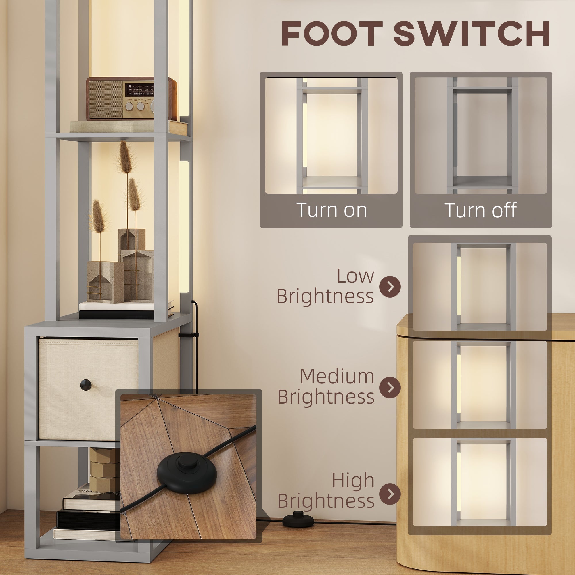 Black foot switch with metal plate for mounting on homcom grey floor lamp with fabric drawer and adjustable brightness