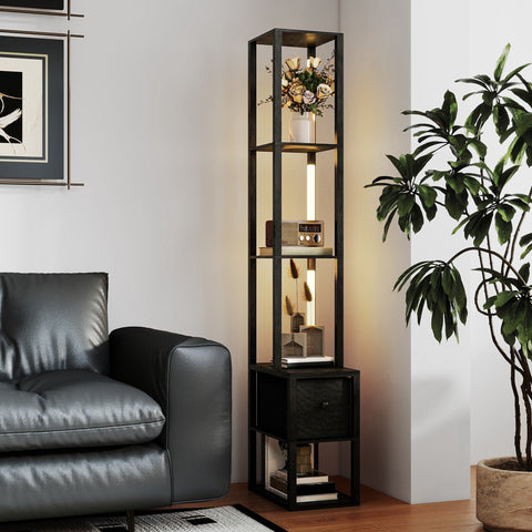 Black metal floor lamp with glass shelves fabric drawer and foot switch for living room bedroom and office use