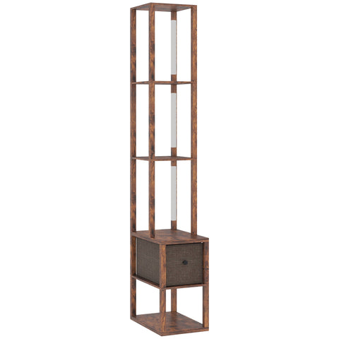Tall dark wood floor lamp with shelves and fabric drawer features adjustable brightness and foot switch for living room use