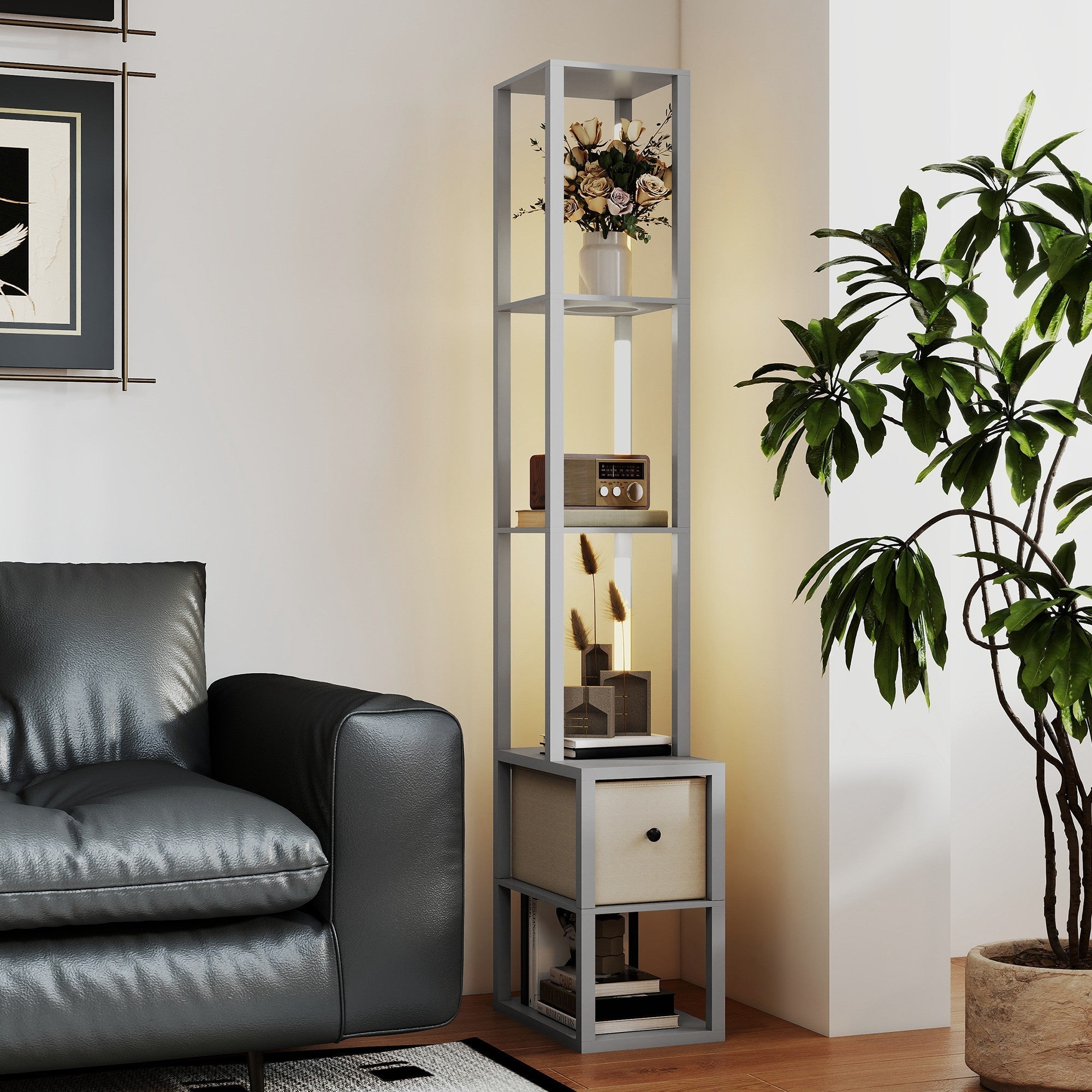 Silver metal floor lamp with glass shelves fabric drawer and foot switch perfect for living room or office use