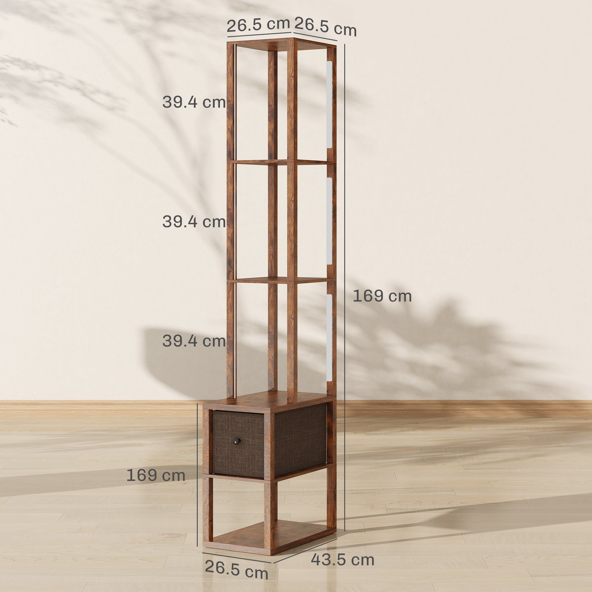 Tall rustic brown wooden floor lamp with shelves featuring a fabric drawer and foot switch for living room use