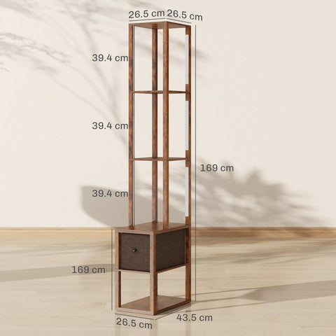 Tall rustic brown wooden floor lamp with shelves featuring a fabric drawer and foot switch for living room use