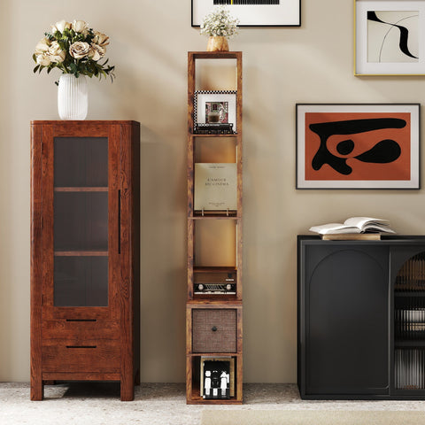 Tall rustic brown wooden floor lamp with shelves features fabric drawer and foot switch for living room storage and lighting