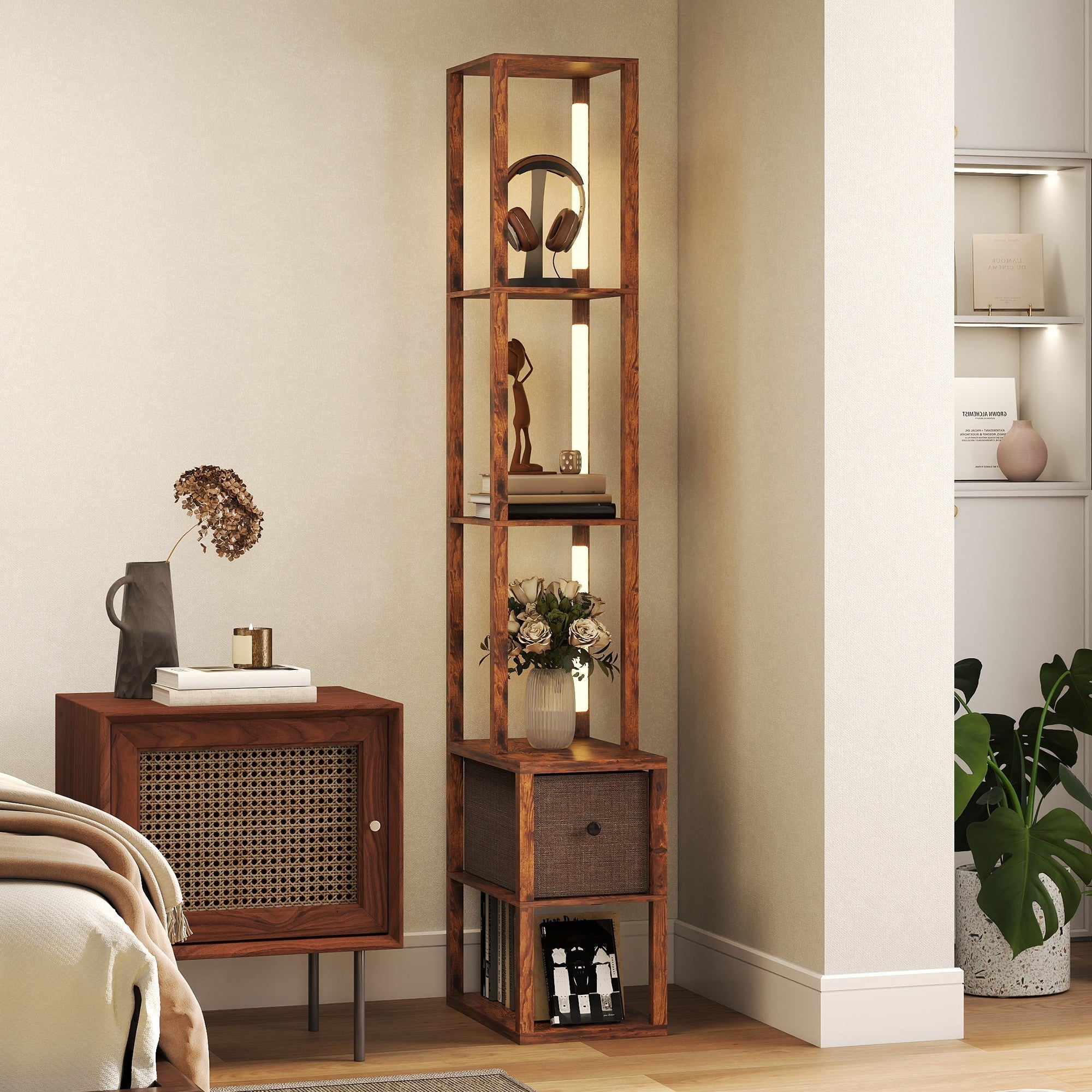 Tall wooden floor lamp with warm brown finish, fabric drawer, open shelves, and convenient foot switch for living spaces