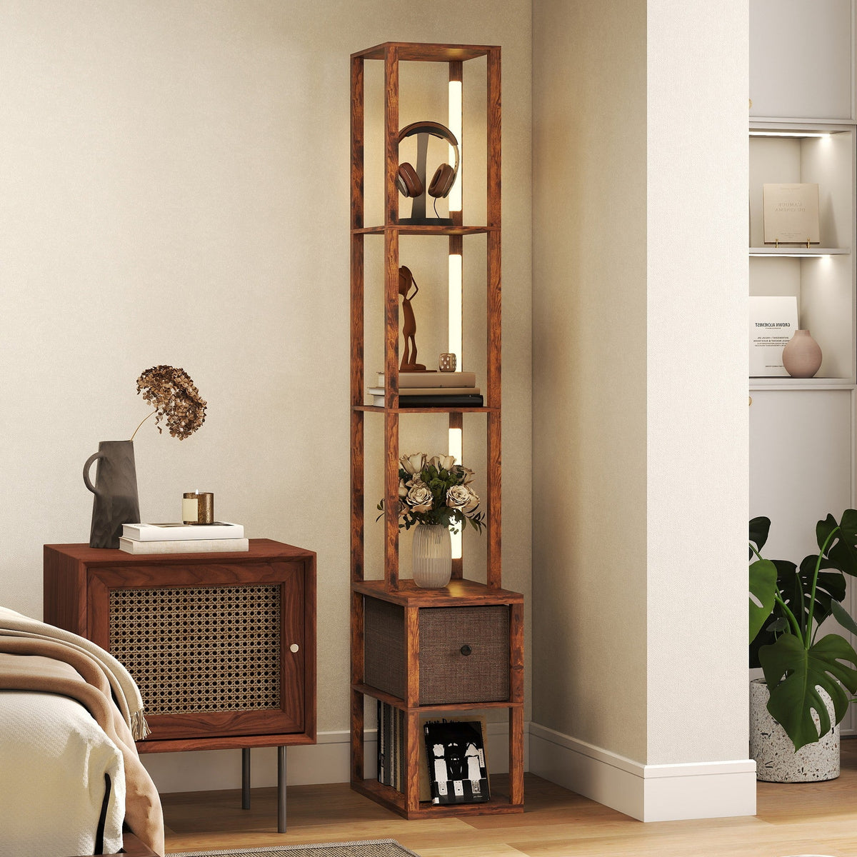 Tall wooden floor lamp with warm brown finish, fabric drawer, open shelves, and convenient foot switch for living spaces