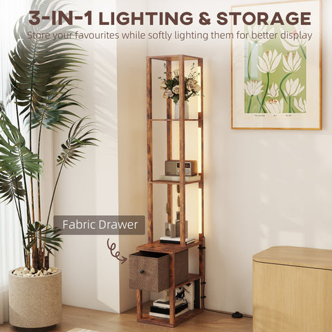 Rustic brown homcom floor lamp with fabric drawer and foot switch featuring adjustable led lighting and storage shelves