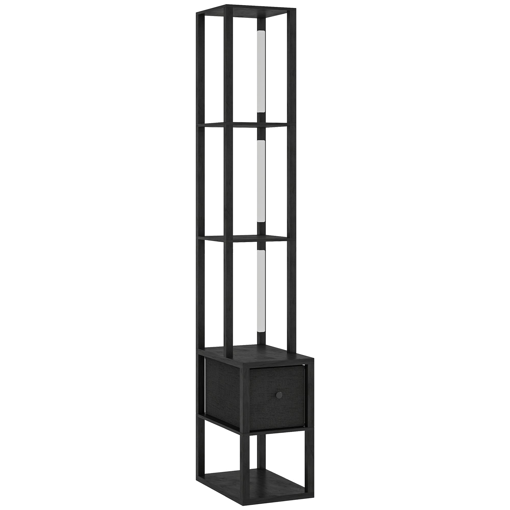 Black modern floor lamp with fabric drawer, vertical led light panels, and foot switch for living room or office use