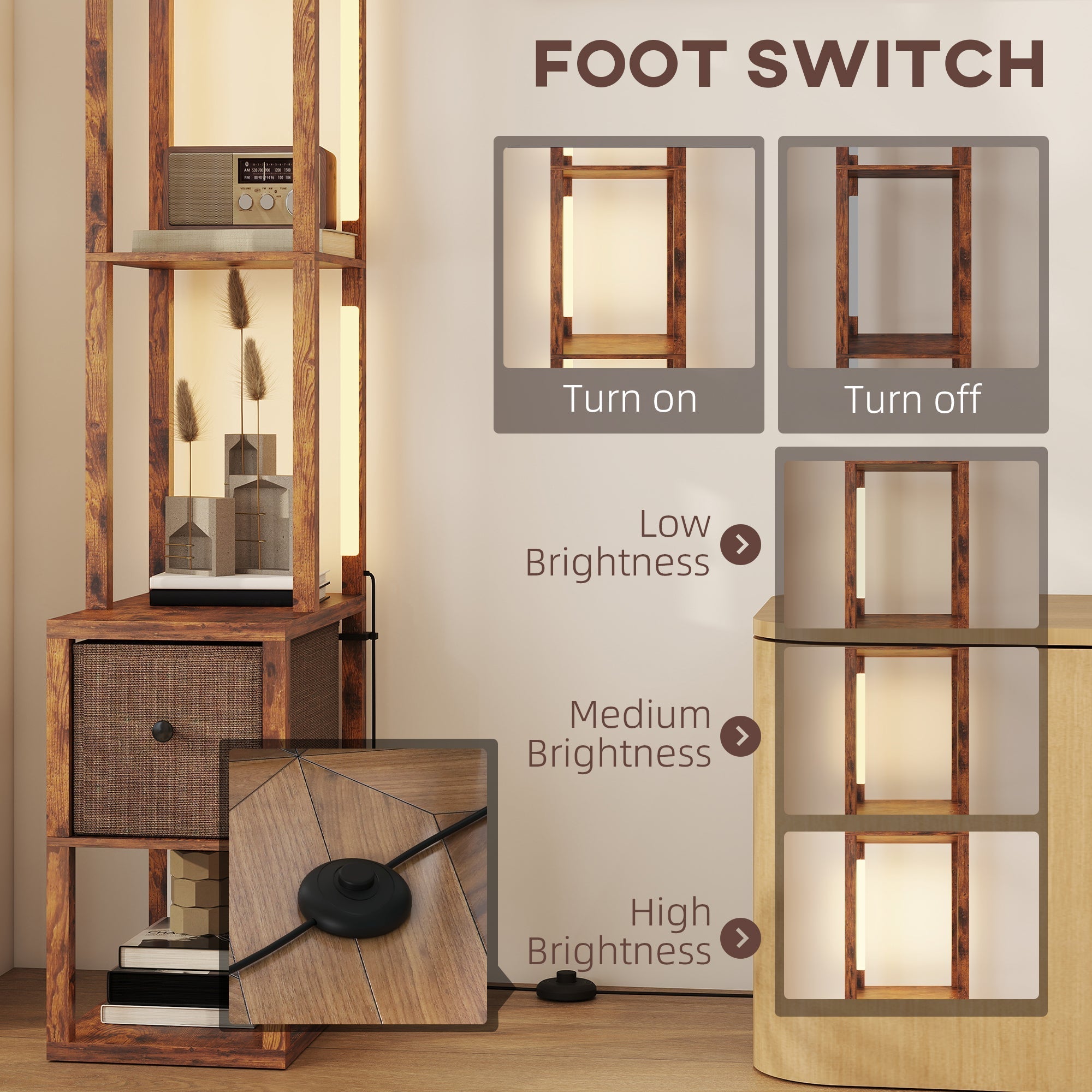 Wooden foot switch with black base for homcom floor lamp with fabric drawer and adjustable brightness settings