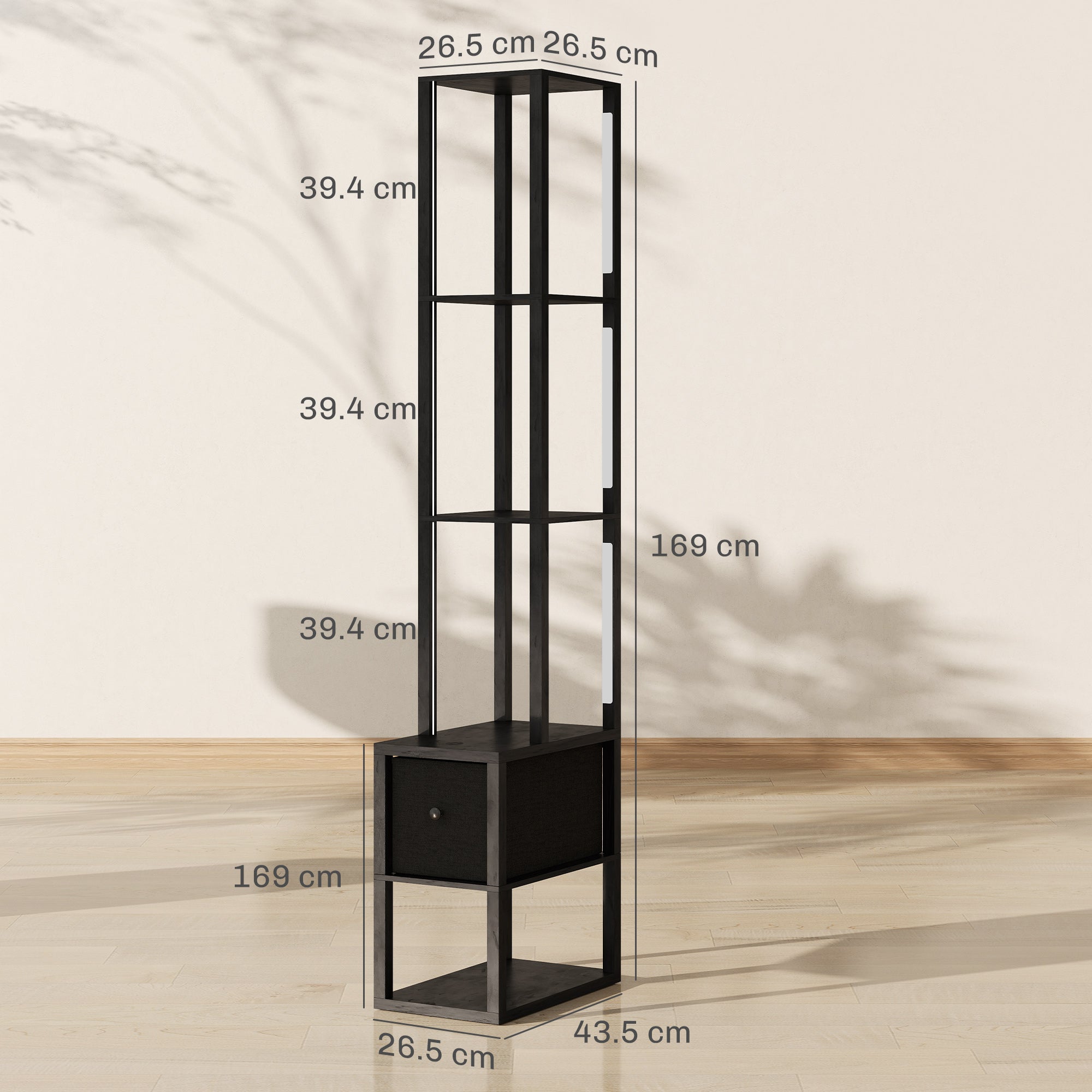 Black metal floor lamp with shelves, fabric drawer, and foot switch for living room or office use