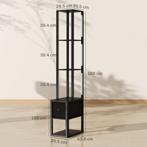 Black metal floor lamp with shelves, fabric drawer, and foot switch for living room or office use