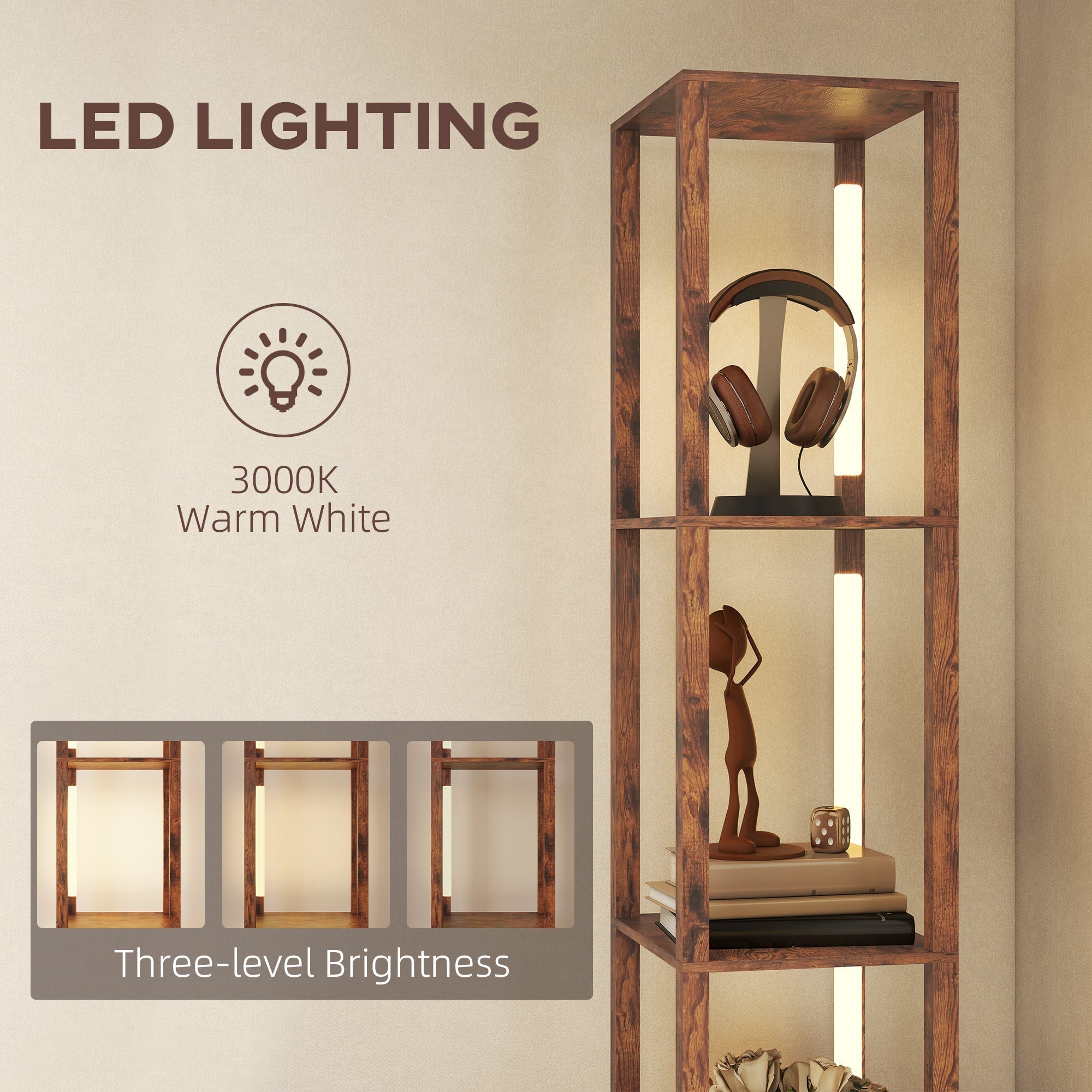 Rustic brown homcom floor lamp with shelves fabric drawer warm led lighting and foot switch for living room use