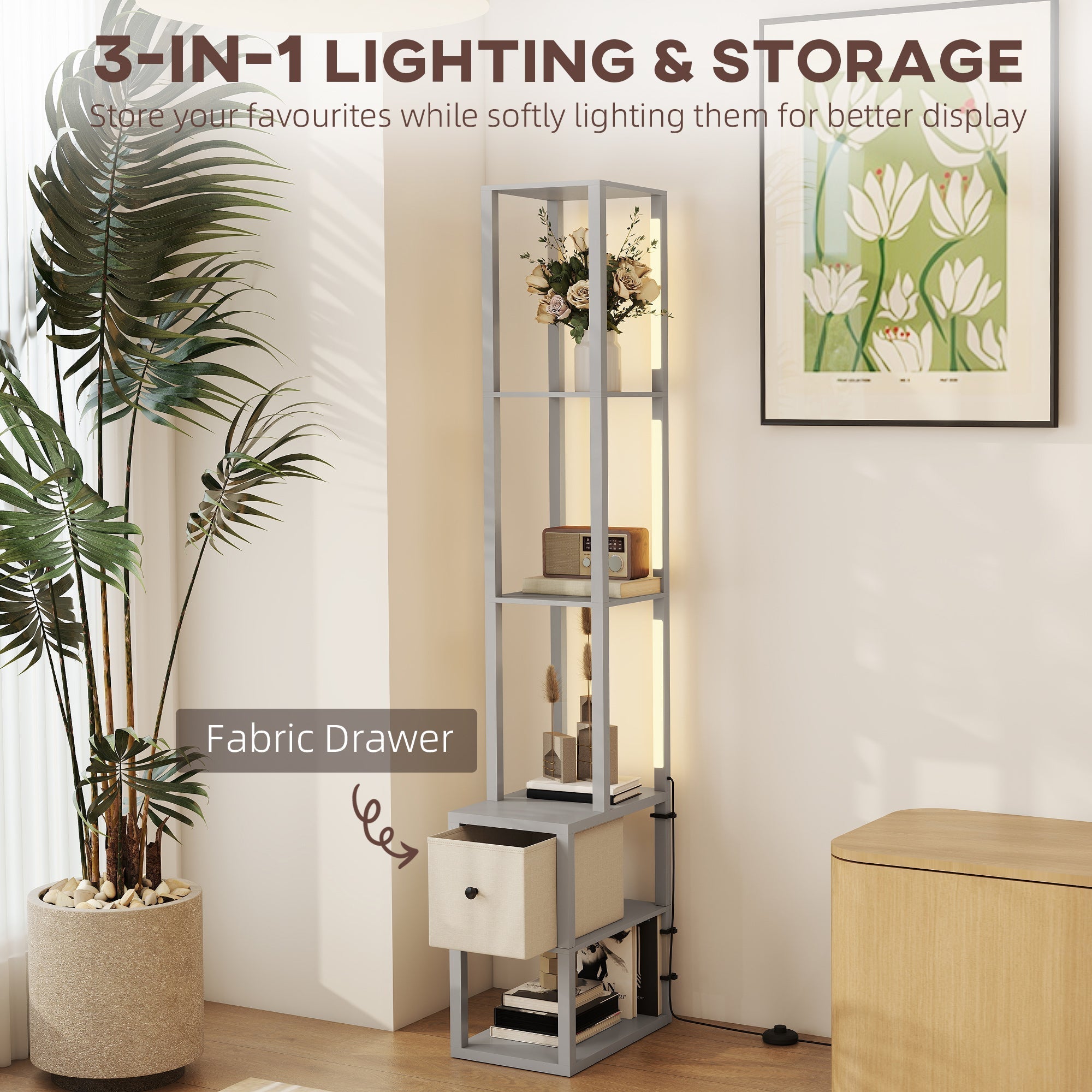 Silver floor lamp with fabric drawer, illuminated shelves, foot switch, and open storage for living room or office use