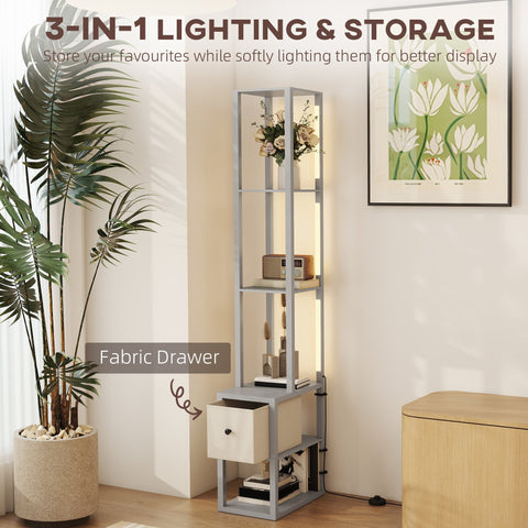 Silver floor lamp with fabric drawer, illuminated shelves, foot switch, and open storage for living room or office use