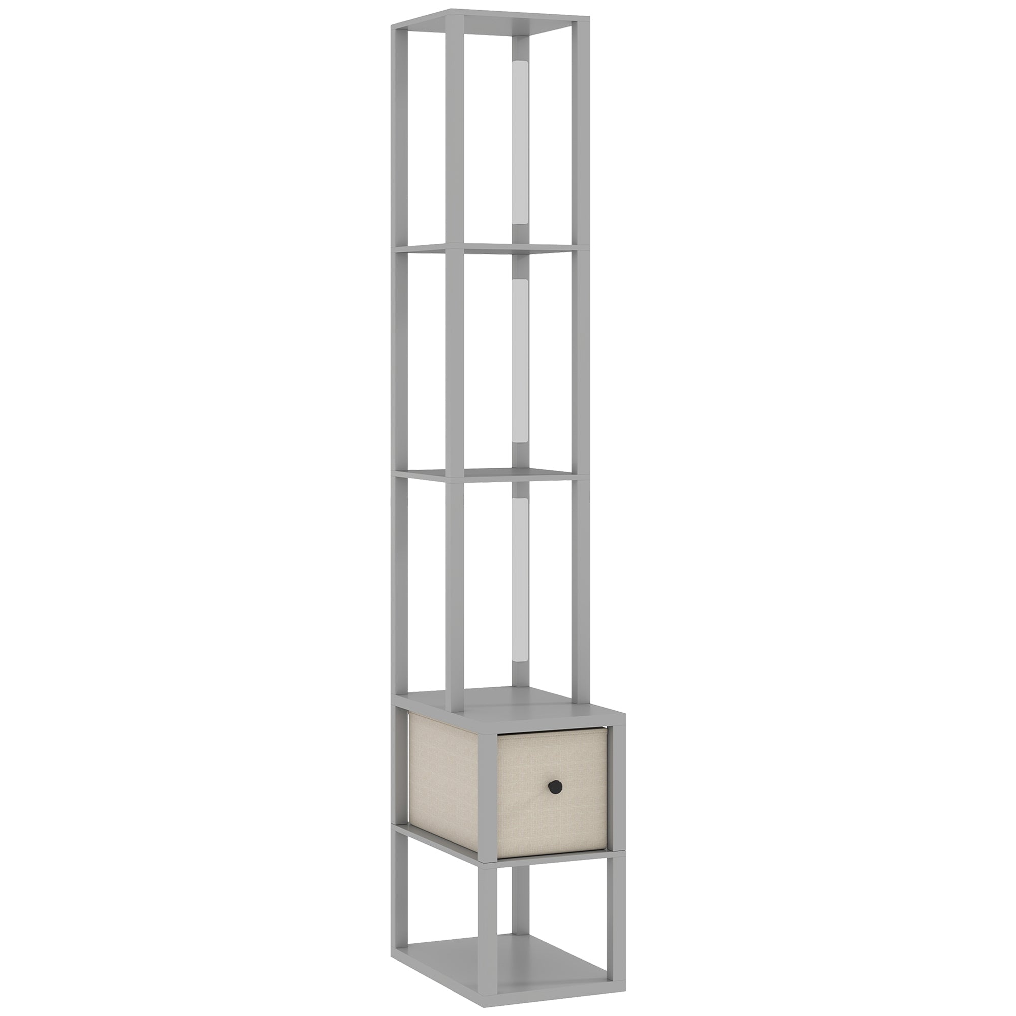 Gray metal floor lamp with shelves featuring a fabric beige drawer and foot switch for adjustable brightness