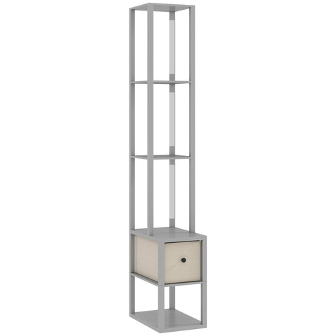Gray metal floor lamp with shelves featuring a fabric beige drawer and foot switch for adjustable brightness