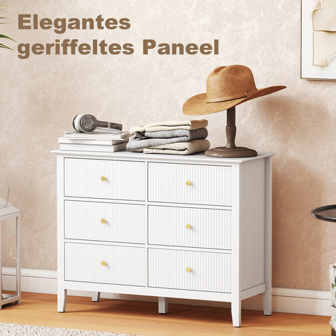 White homcom fluted dresser with six drawers and gold handles brings style to your living room or bedroom